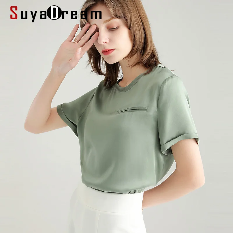 SuyaDream Women Solid T Shirt 100%Silk Satin O Neck Short Sleeves Chic Shirt 2021 Spring Summer White Silk Top