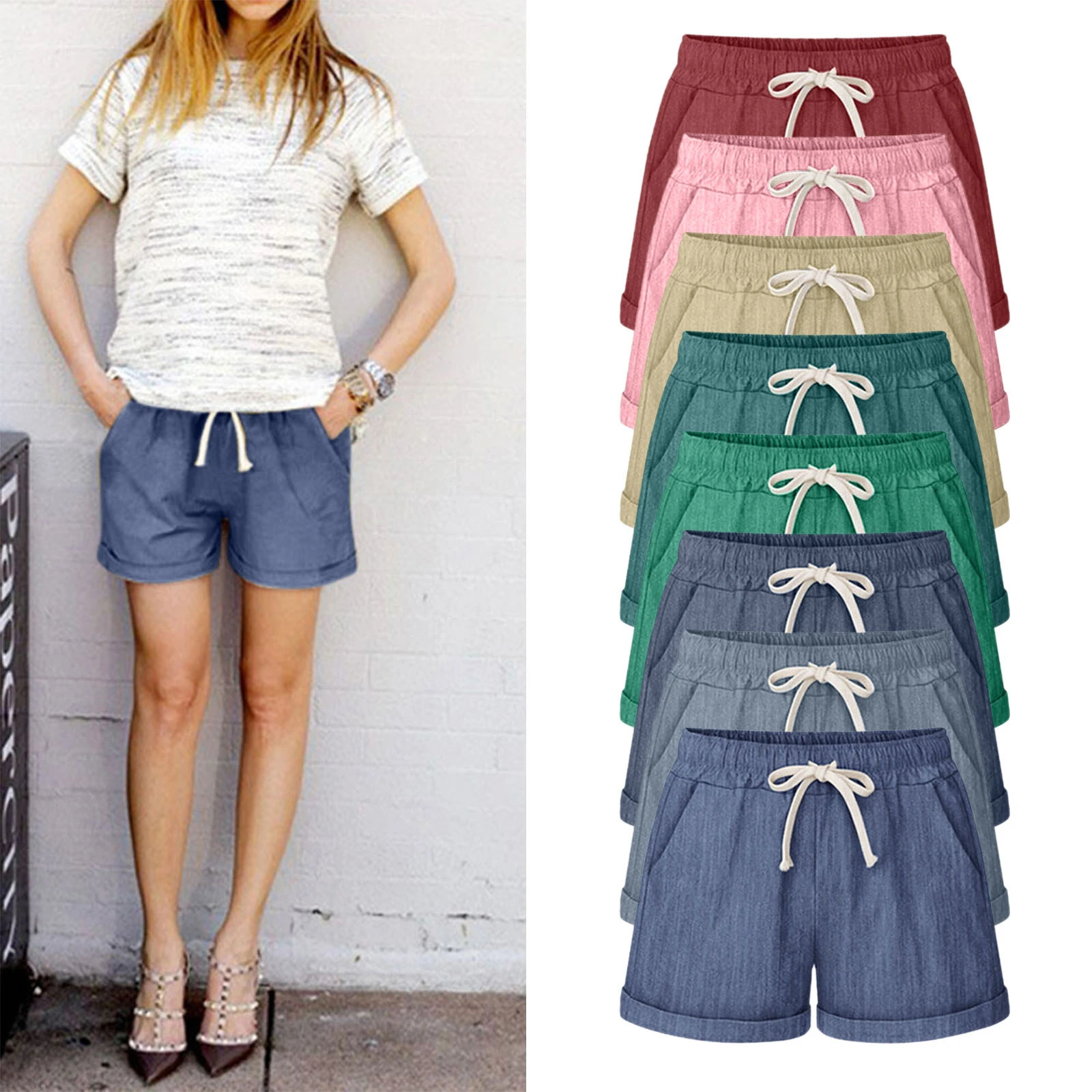 Pantalones cortos talla grande para mujer, Shorts de primavera y verano, ajustados con bolsillos, lisos, para correr, deportivos, de pierna ancha, ropa Vintage|Pantalones cortos| - AliExpress