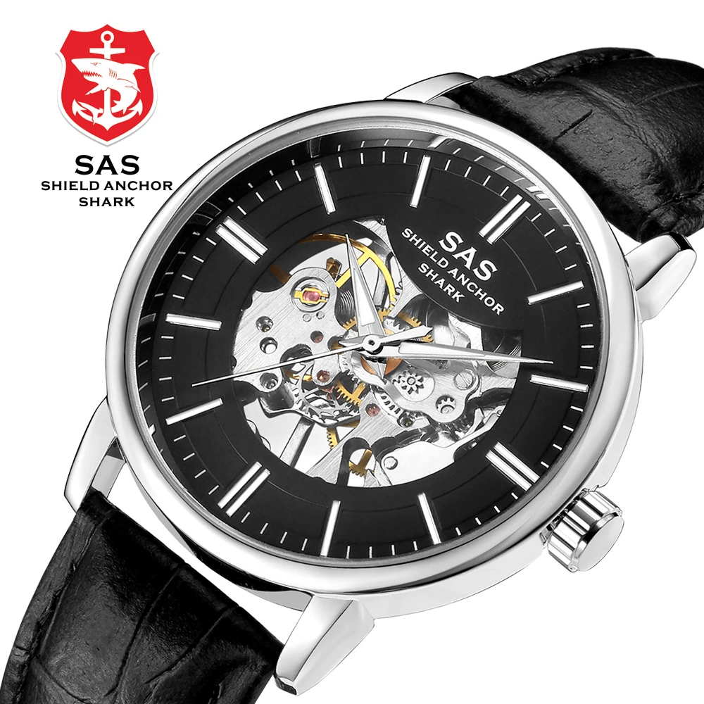 Sas Shield Anchor Shark Лидирующий бренд Мужские часы Скелет механические часы кожаный ремешок Часы мужские Бизнес Мода erkek kol saati