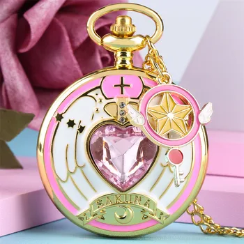 

Cardcaptor Sakura Theme Pocket Watch Pink Heart for Girl Wing Necklace Watch with Sealing Scepter Gift for Women Drop Shipping