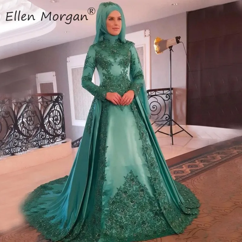 

Muslim Arabic Hunter Evening Dresses Long Sleeve Vintage 2019 with Scarf High Neck Applique Satin Vestidos De Gala Ball Gowns