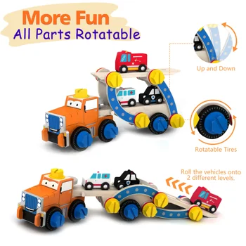 

Toy Car for Boy 2 Years Old Toddler- 55 Pcs STEM Toy Wooden Building Set with Screwdriver and Wrench- Rescue Trailer & motor