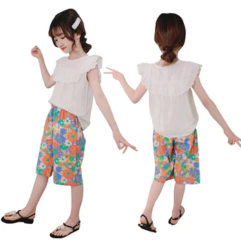 

children clothes print back to school outfits age for 3 - 12 yrs little girl ruffle lace chiffon sets white vest+pants 2pcs sets
