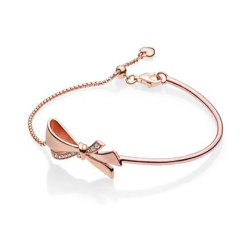 Аутентичный 925 пробы Серебряный Розовый Золотой блестящий бант шар застежка Отрегулируйте ПАН браслет подходит для женщин шарик Шарм ювелирные изделия
