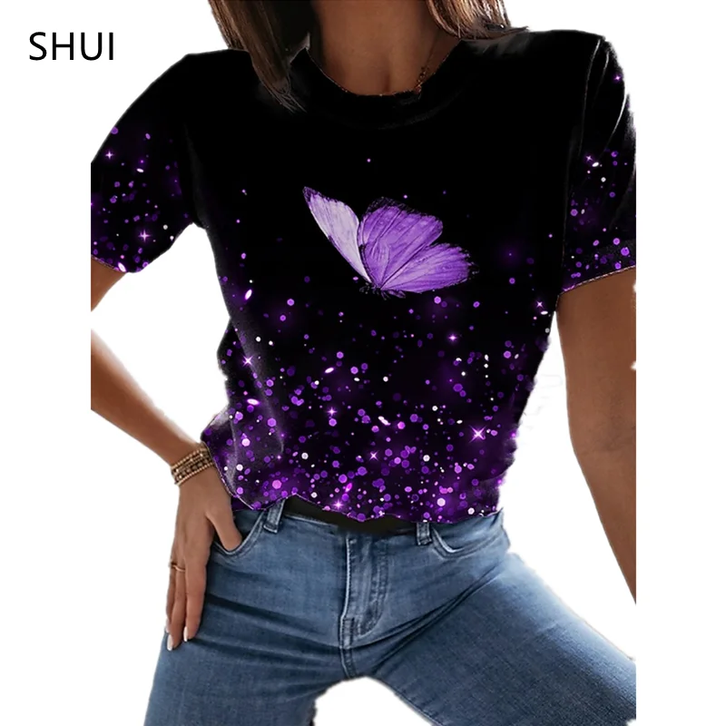 2021 New Butterfly Lady T-shirt 3D Floral Print Round Neck Casual Niche Design Sense Clothing Female Animal Series Short Sleeve