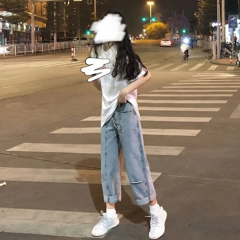 

Loose-fitting fake pockets, wide-fitting straight-leg pants, Korean version of the summer INS students slim, appear nine-point j