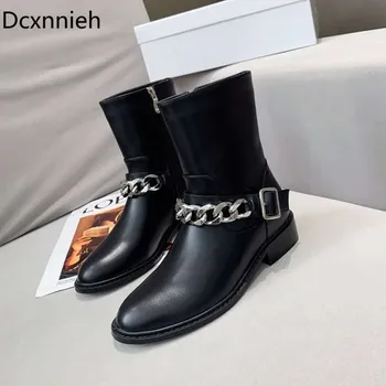 

Woman Runway Low heel knee high Boot women round toe metal chain buckle decor real leather long boots autumn knight botas female