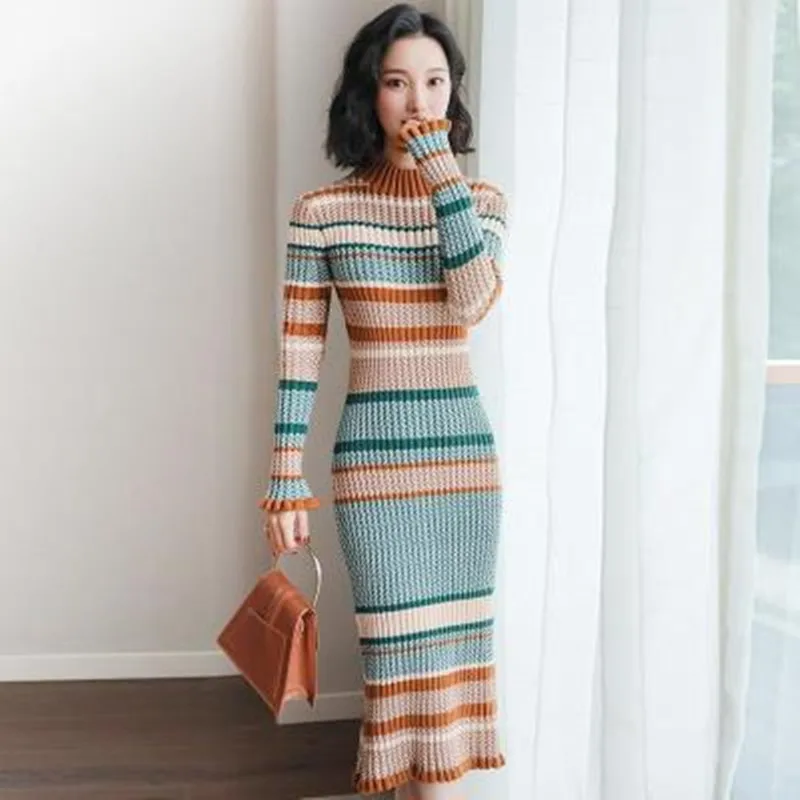 

Elegant Lady Striped Sweater Dress Autumn Vintage Slim Turtleneck Long Sleeve Twist Knitted Dress Female Over The Knee Dress