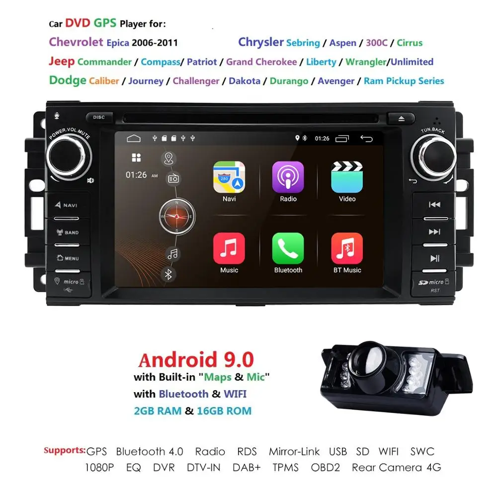 Best Android 9.0 Car Stereo CD DVD Player in Dash Car Radio Multimedia Player for JEEP Navigation LCD Bluetooth WiFi GPS DVR Camera 0