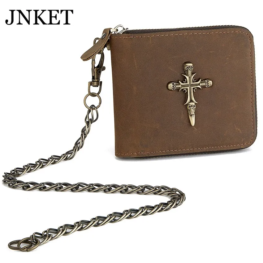 

JNKET New Crucifix Skull Retro Mens Wallet Crazy Horse Leather Billfold Chain Zipper Purse Card Holder Detachable Metal Chain