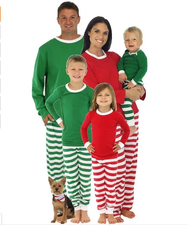 

2020 New Christmas Family Pajamas Set Long Sleeve Green Striped Mom Kids Family Matching Outfits 2pcs Set Tops + Pants Sleepwear