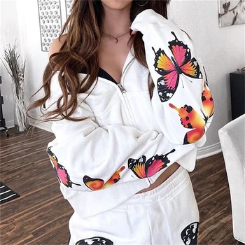 

Sweetown Butterfly Pattern Loose Oversized Pullover Sweatshirt Long Sleeve Zipper Up Pocket Casual Hoodies For Women Streetwear