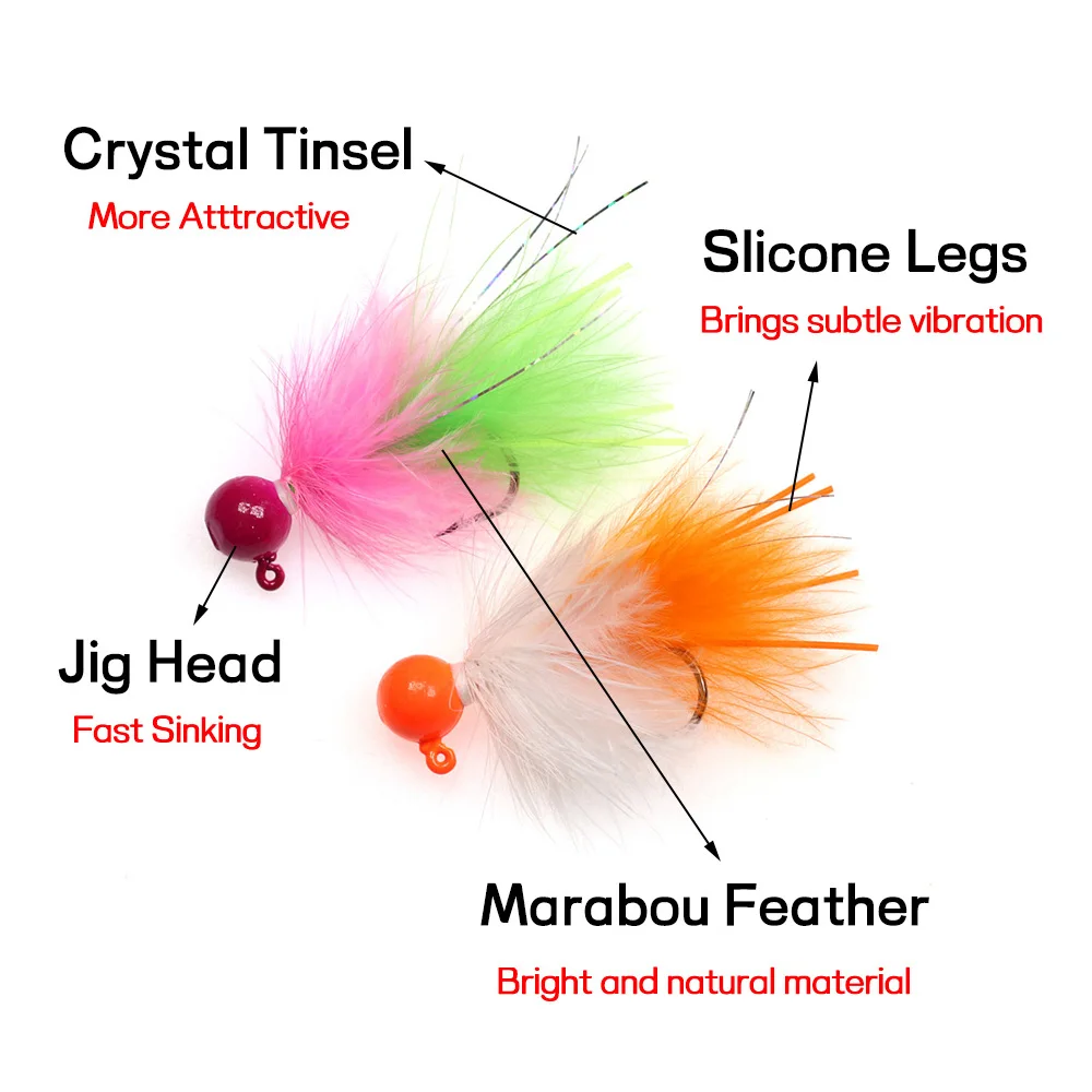 4pcs UV Orange Rose Jig Head Jigs Marabou Feather 3