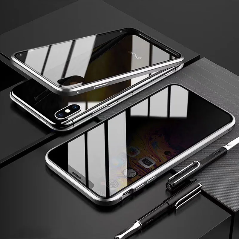 Анти-пип конфиденциальности Магнитный стеклянный чехол для телефона для iPhone 11 Pro Max двухсторонний антишпионский чехол для iPhone 7 8 Plus X XS XR - Цвет: Серебристый