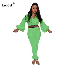 Liooil, цельный Облегающий комбинезон для женщин,, фонарь, длинный рукав, v-образный вырез, пуговица, колокол, низ, комбинезон, сексуальная клубная одежда