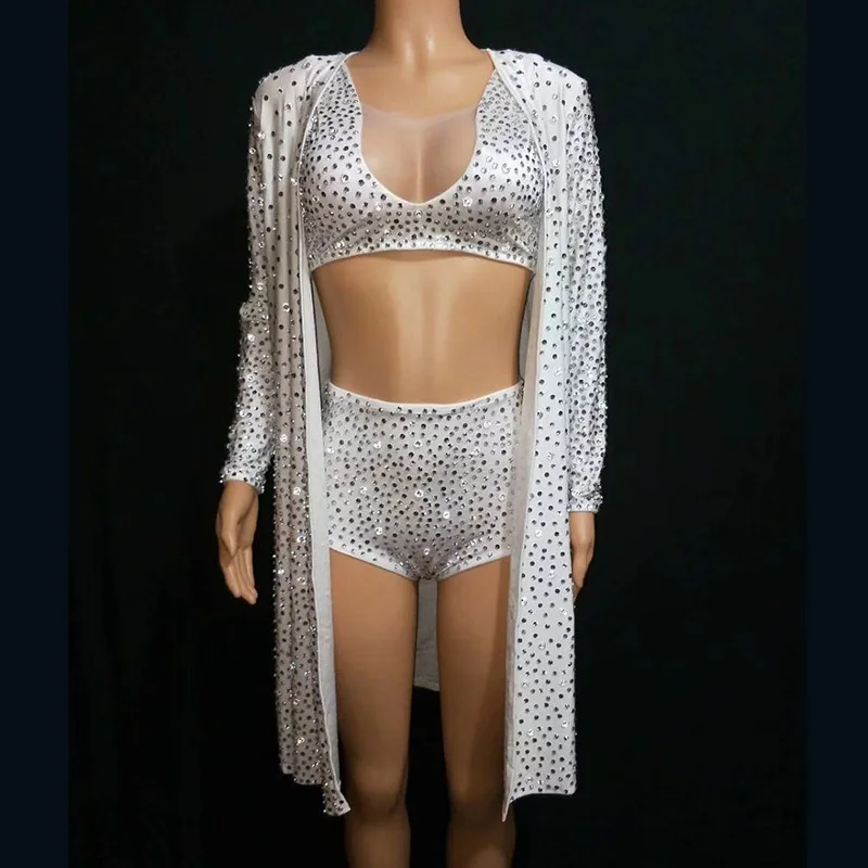 Sexy White Full Rhinestones Shorts Jacket Suit Stage Dance Costume Performance Bodysuit Evening Women Singer Dance Outfit DQS324