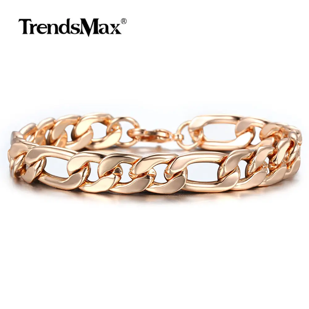 10mm 585 Rose Gold Color Figaro Curb Cuban Link Chain Bracelet for Women Men Smooth Wrist Jewelry Gifts Lobster Clasp 20cm CBM05