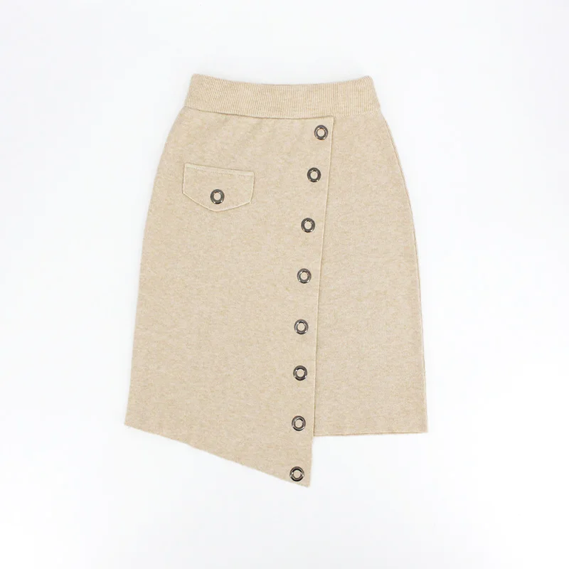 Женские зимние вязаные юбки высокая талия пуговицы облегающая юбка-карандаш шерсть Высокая талия сплошной цвет большая эластичность корейский стиль - Цвет: khaki