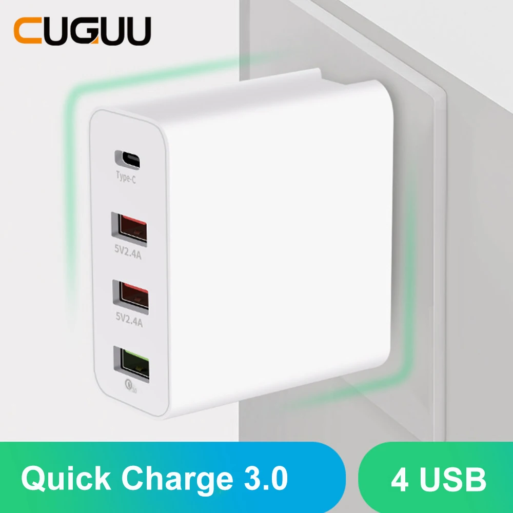 Быстрое зарядное устройство с 4 портами USB QC3.0 Тип C для Samsung iPhone Huawei быстрое