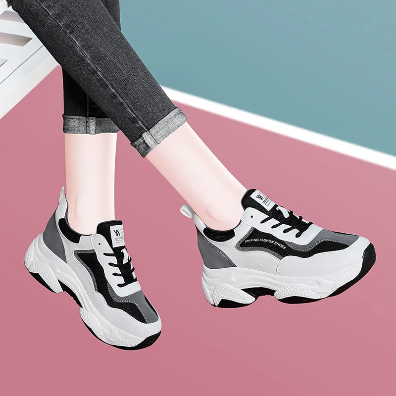 

Women 's Casual Shoes 2020 Spring Wild Leather Mesh Breathable Thick Bottom Sneakers Centennial platform shoes