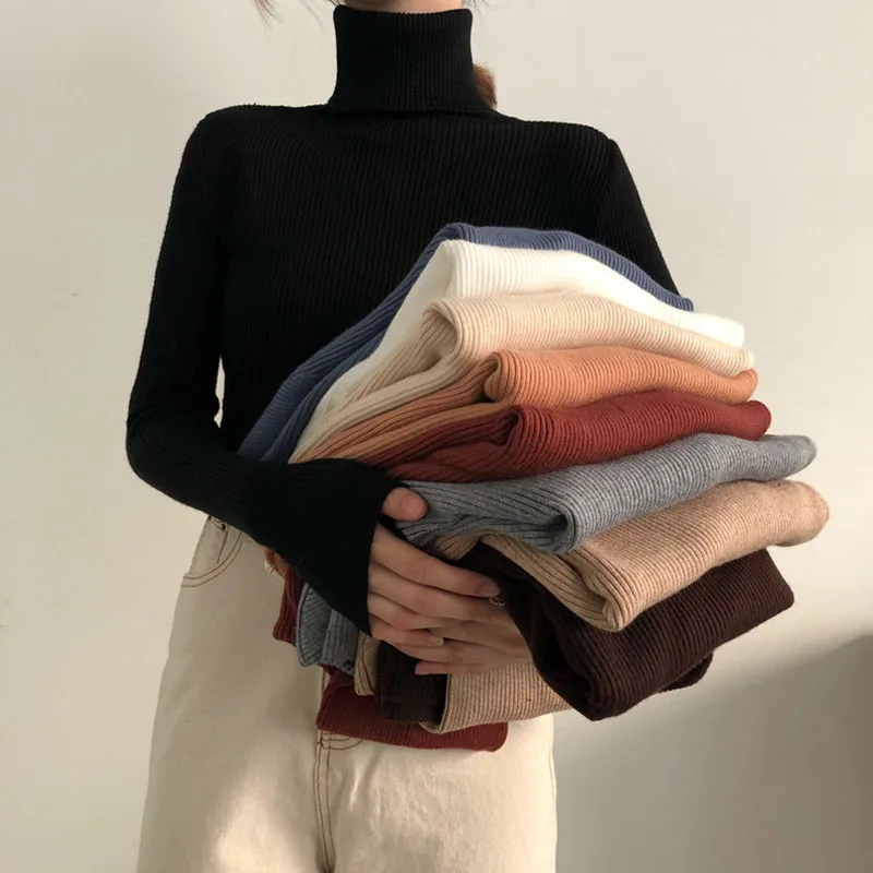 

Women Autumn Winter Solid Color Sweaters Thick Turtleneck Warm Slim Knitted Sweater Tops Jumper Female Soft Elasticity Pullover