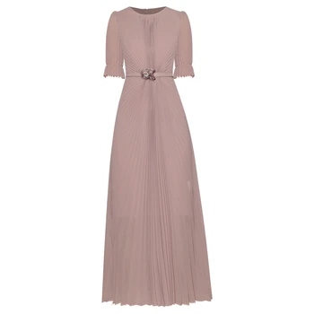 

HIGH QUALITY Newest Fashion 2020 Designer Runway Dress Women's O-Neck Petal Sleeve Sashes Pleated Long Dress