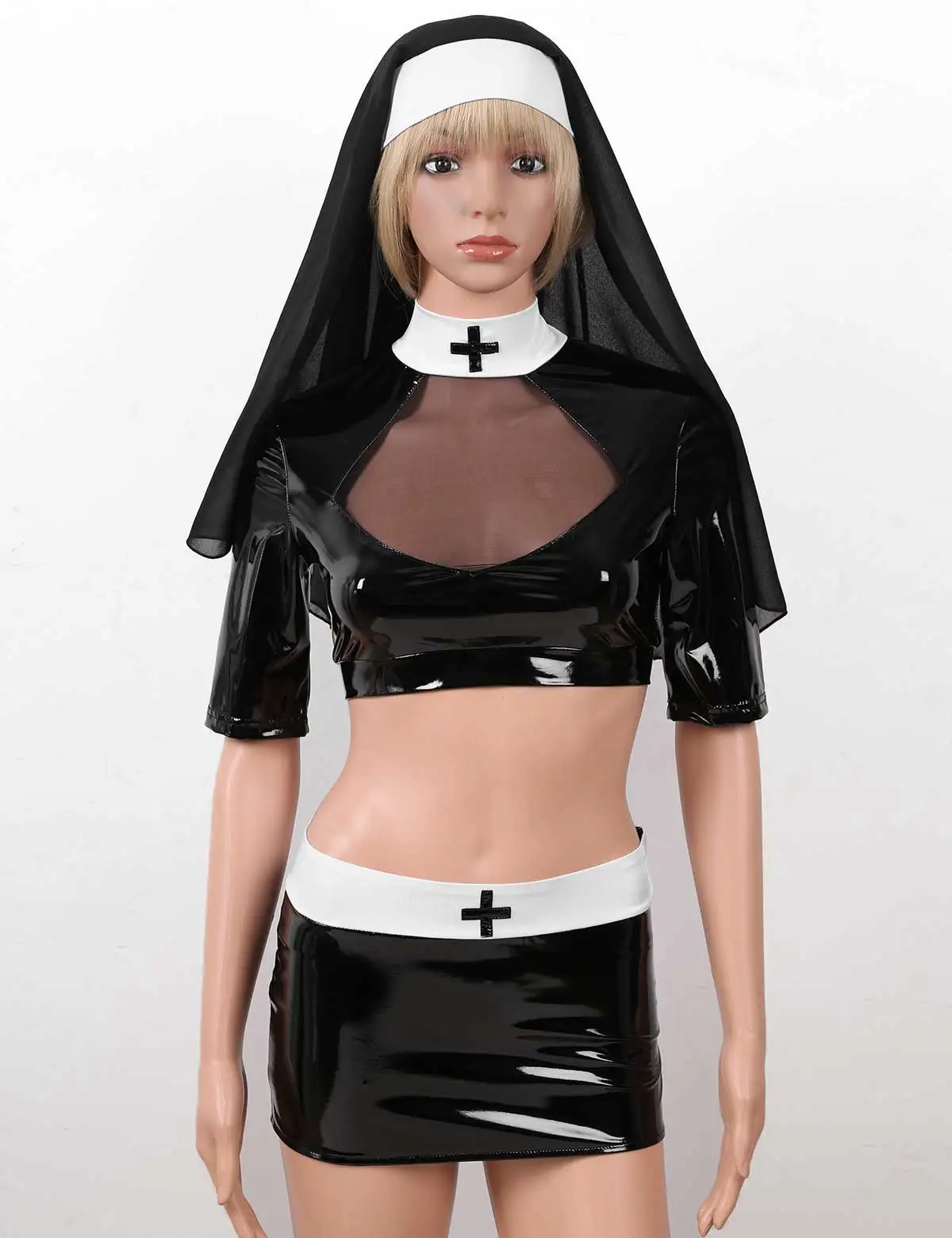 Frauen Sex Nonne Cosplay Latex Uniform Wetlook Leder Crop Top + Mini Rock  Kopfstück Erotische Krankenschwester Outfit Halloween Roleplay Kostüm