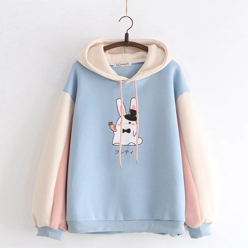 Синий MERRY PRETTY женские толстовки с капюшоном мультфильм кролик лоскутное Harajuku лоскутное толстовки зимние плюс бархат пуловеры - Цвет: Синий