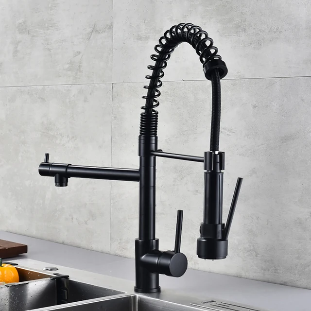 DQOK สีดําแปรงฤดูใบไม้ผลิดึงลงก๊อกน้ําอ่างล้างจาน Hot & Cold Water Mixer Crane Tap พร้อม Dual Spout Deck ติดตั้ง 6