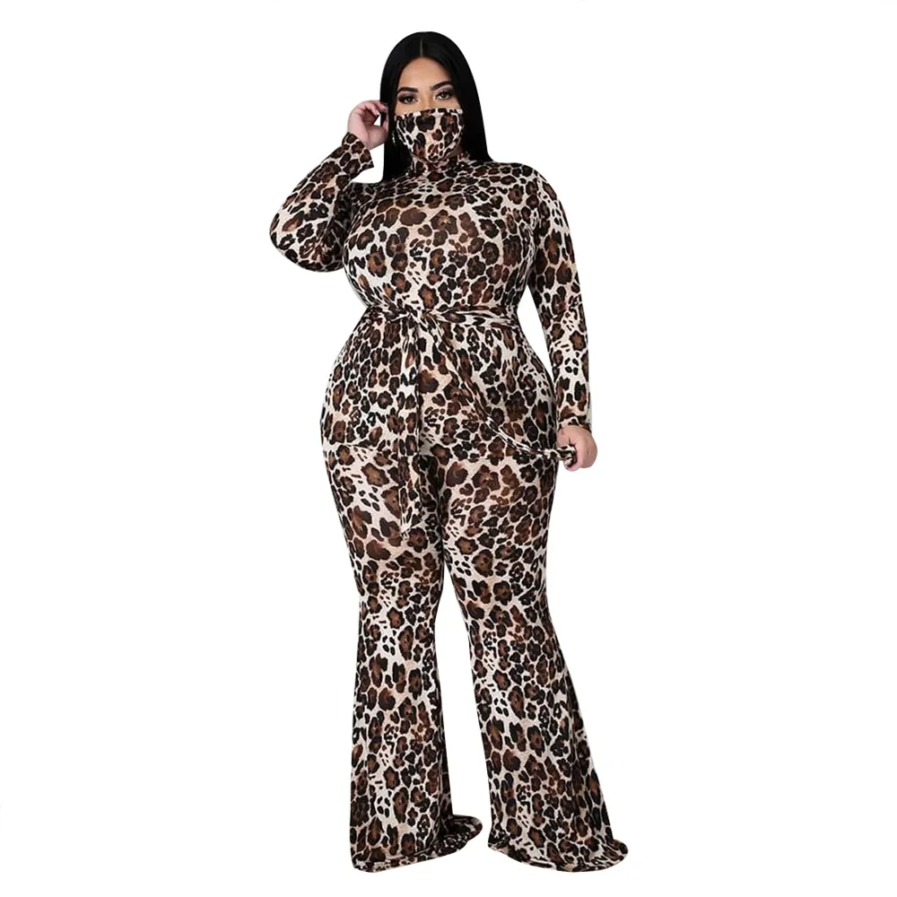 

Cutubly Jumpsuits Autumn Winter Long Sleeve Female Jumpsuits For Women Fashion Leopard Printing Flared Casual Lace-Up Rompers