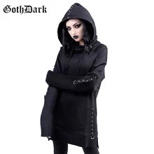 Goth Dark Vintage Black Grunge Gothic Sweatshrit Women Harajuku Punk Rivet Patchwork Fall 2019 Hoodies Pocket Hole Bandage Chic