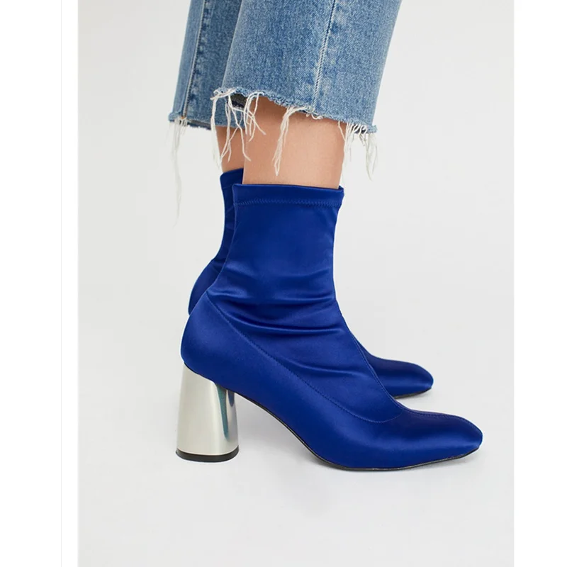 

2019 European Woman Boots Metal High Heel Side Zipper Short Booties Square Toe Ankle Boots Chic Botas Feminina Colorful
