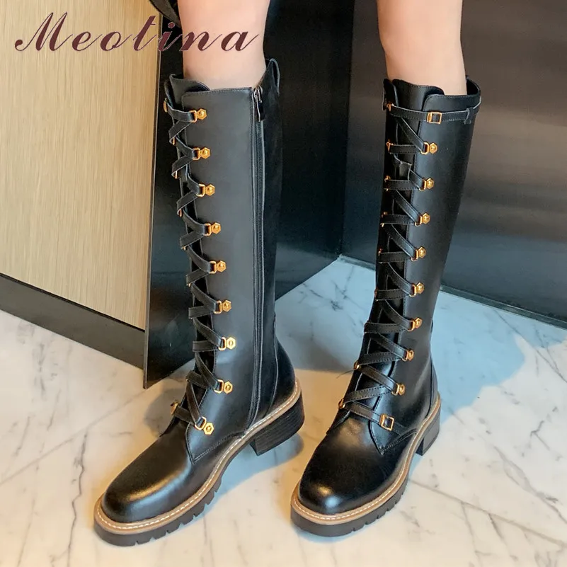 MORAZORA/ г. Большие размеры 34-42, женские ботинки модные сапоги до колена на низком каблуке, с круглым носком, на шнуровке теплая зимняя женская обувь
