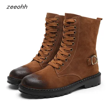 

2019 new winter leather warm plush lace-up snow boot fashion British wind tooling boots high quality men shoes zapatos de hombre