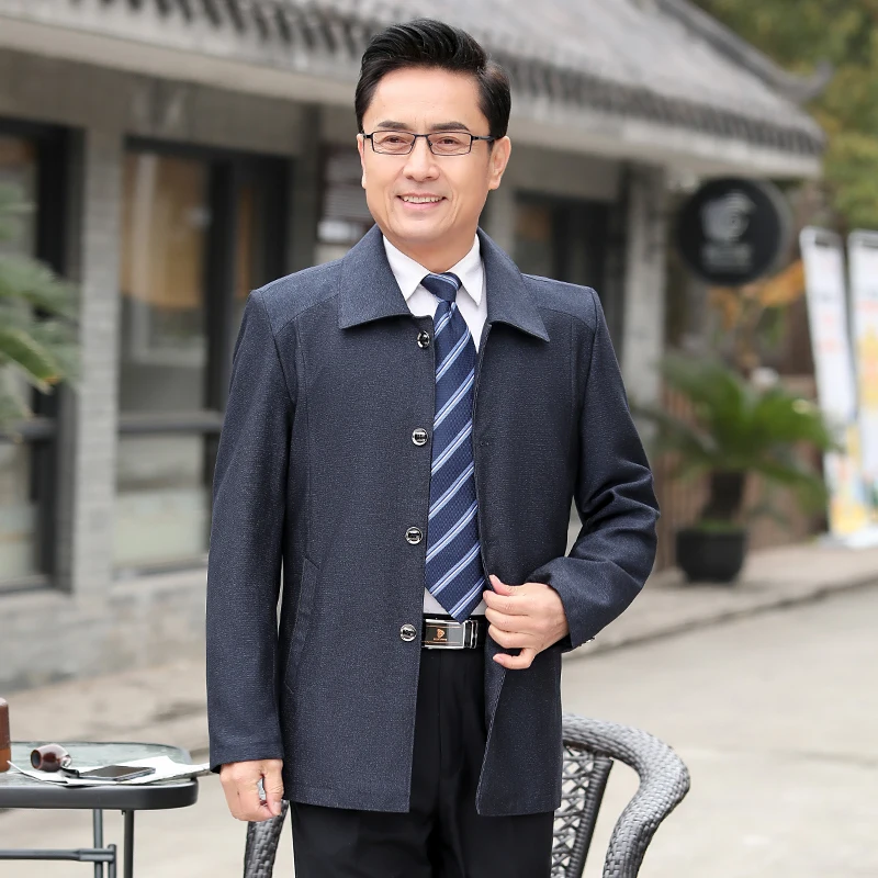 Single-breasted jacket mens autumn new middle-aged men coat dark blue gray mens jackets and coats