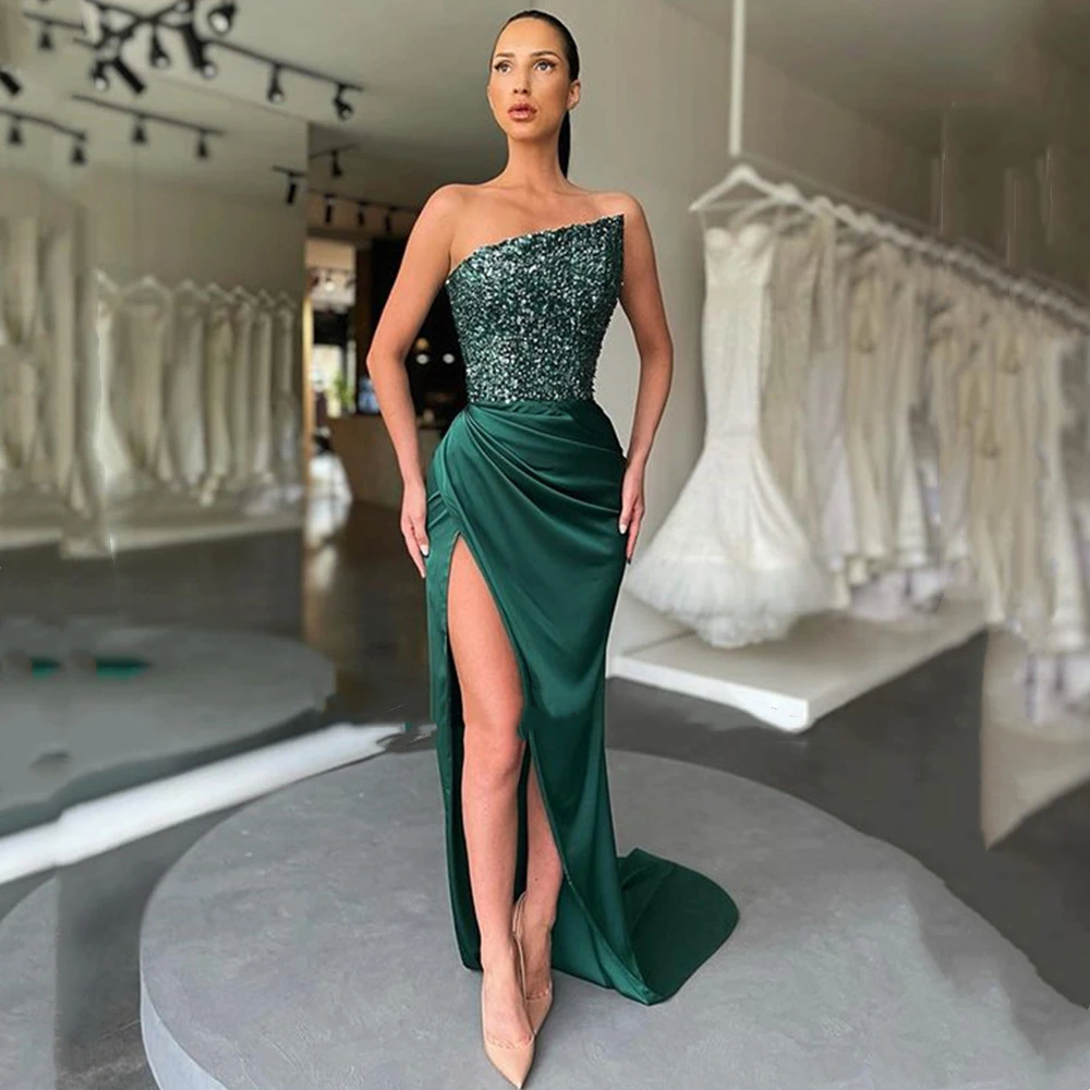 Elegant Royal Green Long Side Slit Prom Dress Gown Sleeveless Sequins Floor Length Mermaid Bling Night Party Evening Dresses cheap prom dresses