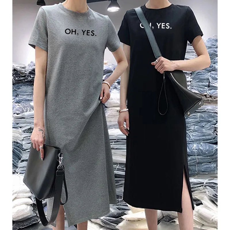 

This Week New Style Short-sleeve Dress Women's Casual Loose-Fit Mid-length over-the-Knee Base T-shirt Slit Skirt