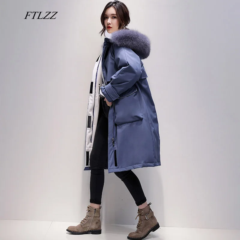 FTLZZ Large Natural Fox Fur Hooded Winter Long Jacket Women 90% White Duck Down Warm Thickness Down Parkas Tie Up Snow Outwear