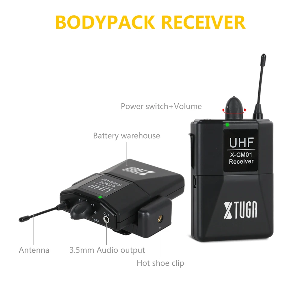 XTUGA UHF Wireless Lavalier Microphone with 16 Channels Come with Two 3.5mm Cables Up to 164ft Range for DSLR Camera Phones