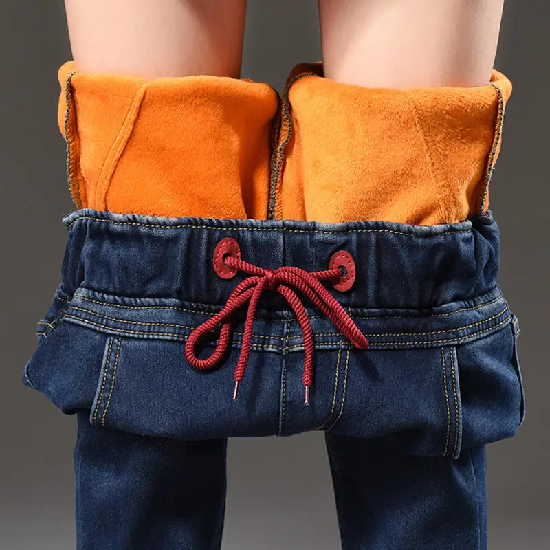 908 Dark blue jeans Теплые джинсы с высокой талией женские плюс бархатные джинсовые штаны-шаровары повседневные эластичные уличные брюки женские джинсы Pantalones Mujer Q2039 - Цвет: 908 Dark blue jeans
