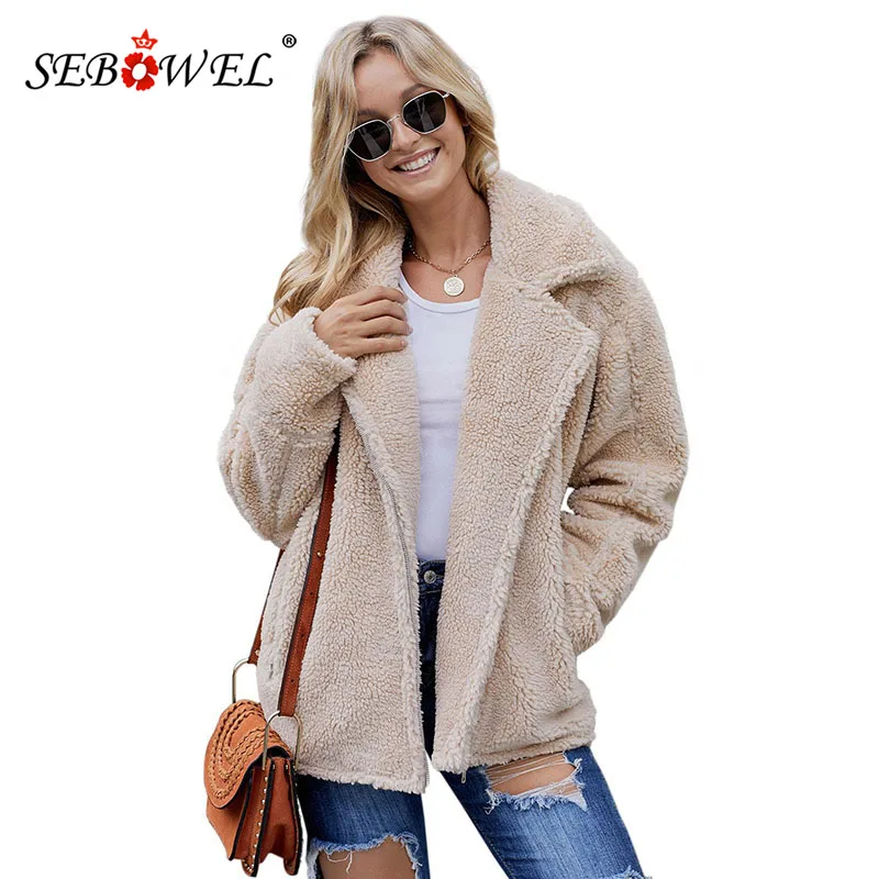 

SEBOWEL 2019 New Fashion Woman Fluffy Sherpa Jackets Coats Female Pocket Oversized Plush Outwear Warm Winter Thicken Clothes