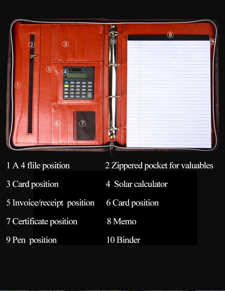 portfólio multifunction padfolio da pasta do documento da pasta do couro do plutônio com zíper