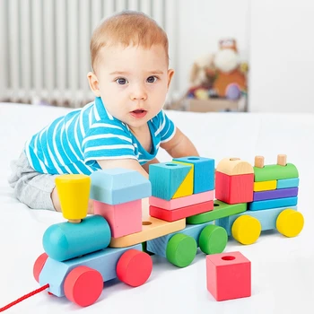 

Baby Wooden Train Toys Trailer Vehicle Blocks Geometry Shape Colour Cognitive Early Education Gift