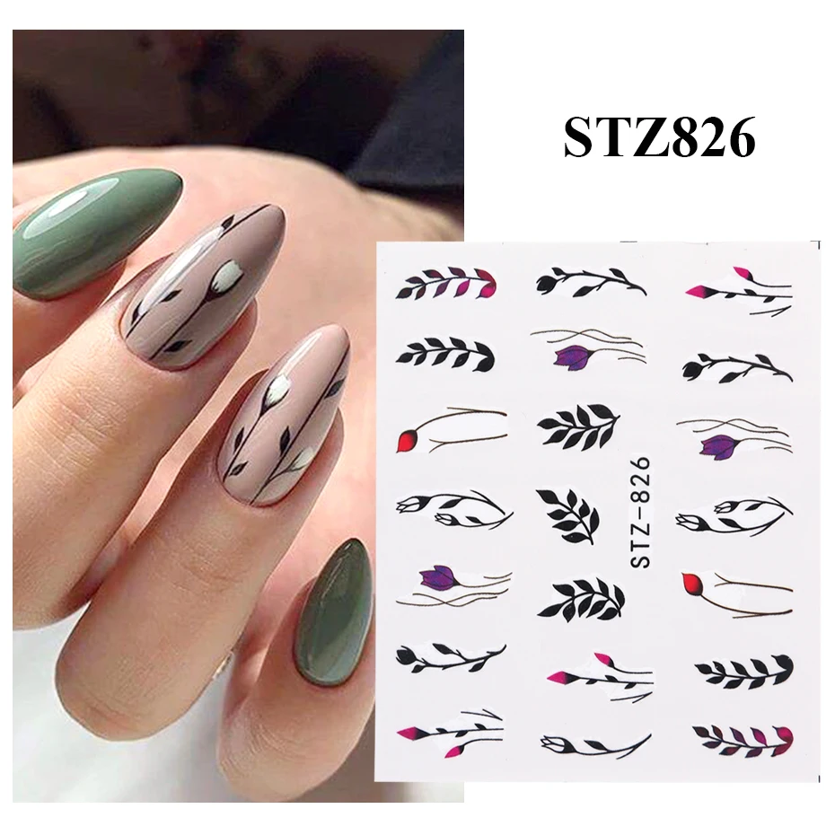 Nail Stickers 1pc Black Green Flower Leaf Water Nail Stickers Decals Mixed Floral Watermarks Manicure Sliders Nail Art Decoration NFSTZ808-844