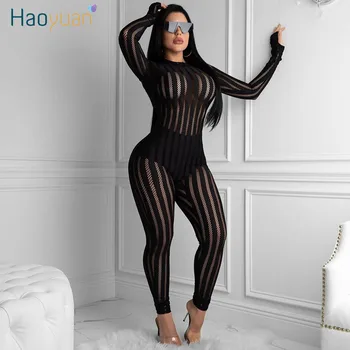 

HAOYUAN Sexy Striped Mesh Sheer Rompers Women Jumpsuit Festival Body Clother One Peice Club Outfits Long Sleeve Bodycon Overalls