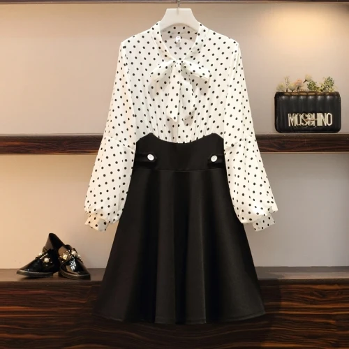 

L-4XL Plus Size Women Elegant Dress Autumn 2019 Fashion Bow Collar Long Sleeve Polka Dot Pachwork Ladies A-Line Dresses