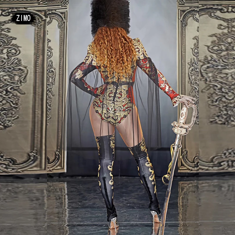 Man Womens Stage Performance Army Uniform Cosplay Costume Vintage Printing Bodysuit Jumpsuit Cape Dance Outfit Role drag queen - 2