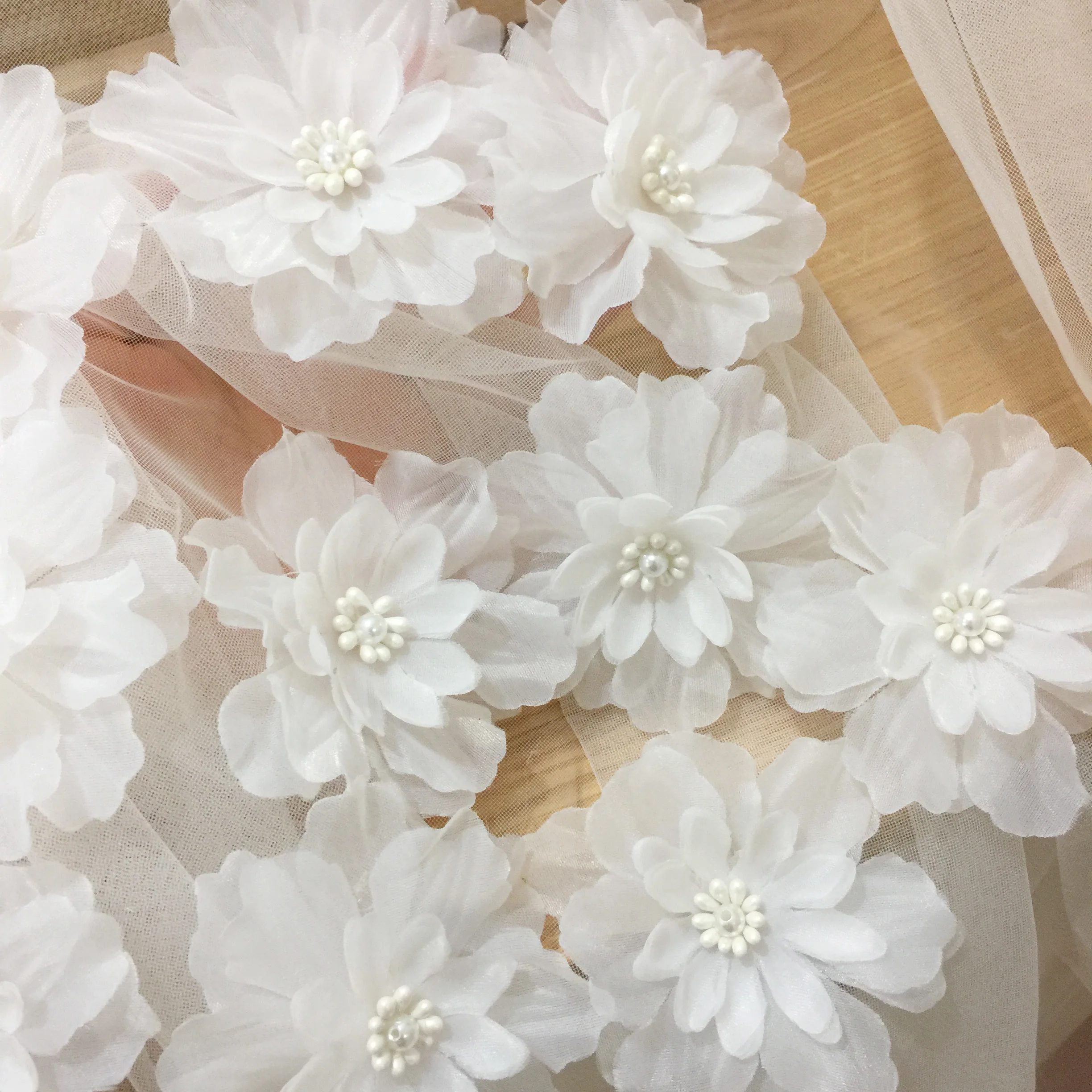 3D Chiffon Flower Lace Applique Pearls Bead Bodice Applique 