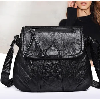

Fashion Women Crossbody Bag Black Soft Washed Leather Shoulder Bag Patchwork Messenger Bag Small Flap Bag for Girls Brand Design