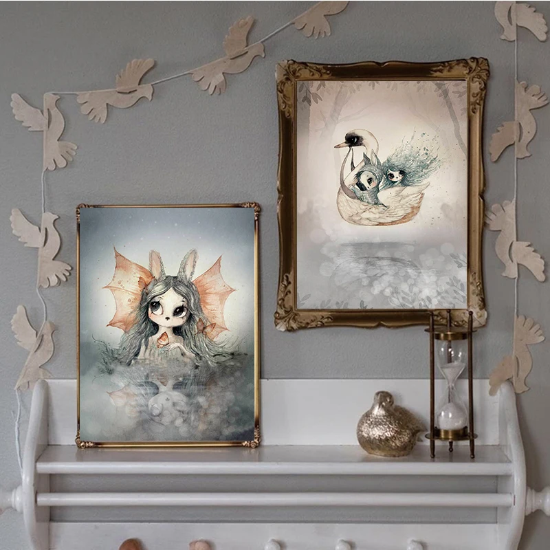 

Nordic Spray Color Cartoon Flower Deer Swing Rabbit Girl Boy Wing Bird Animal Poster Canvas Painting Wall Picture Kid Room Decor